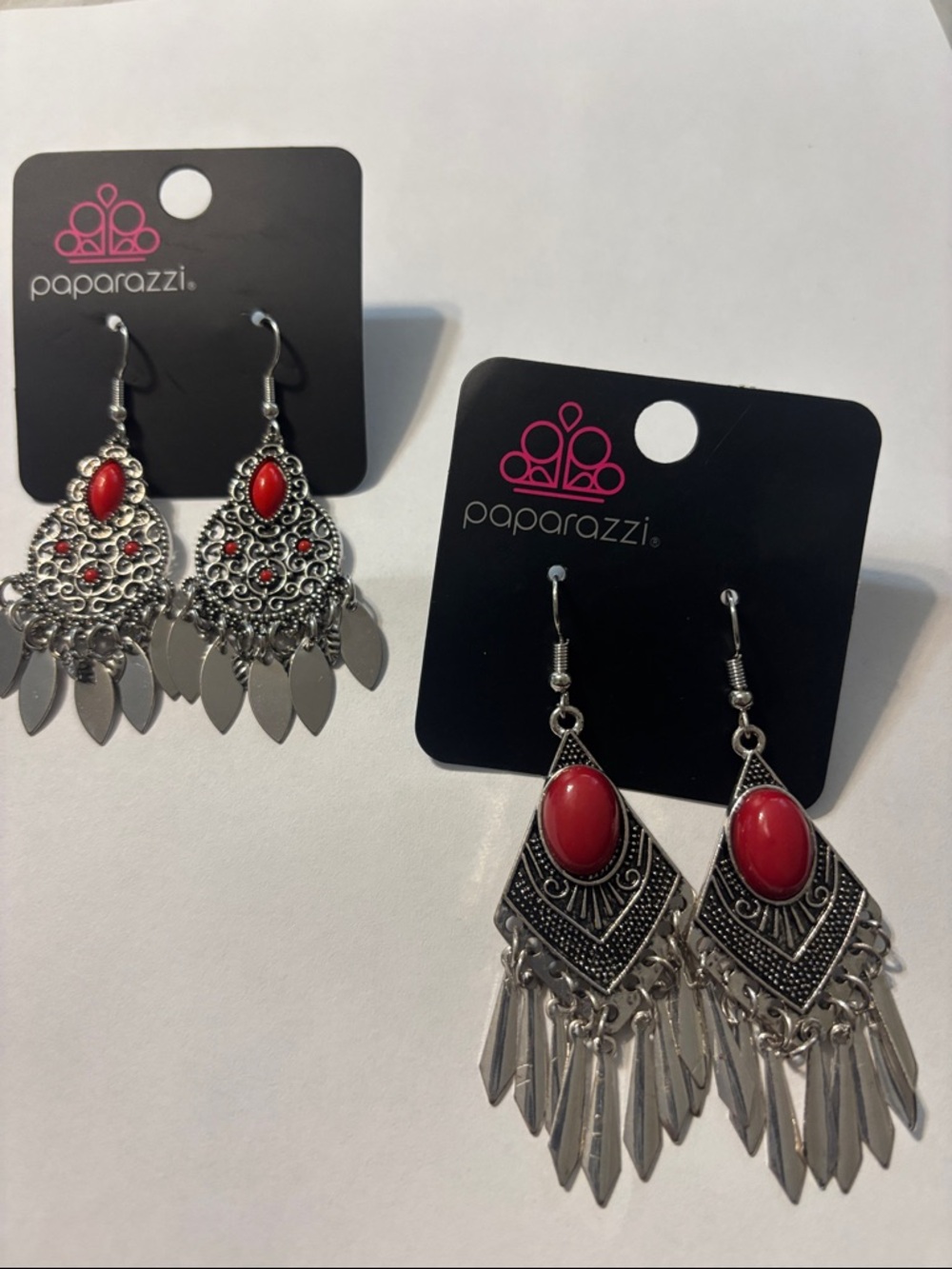 paparazzi Silver and Red Boho Fringe Drop Earrings Set